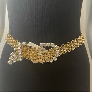 Gold tone metallic chained with rhinestones details skinny belt